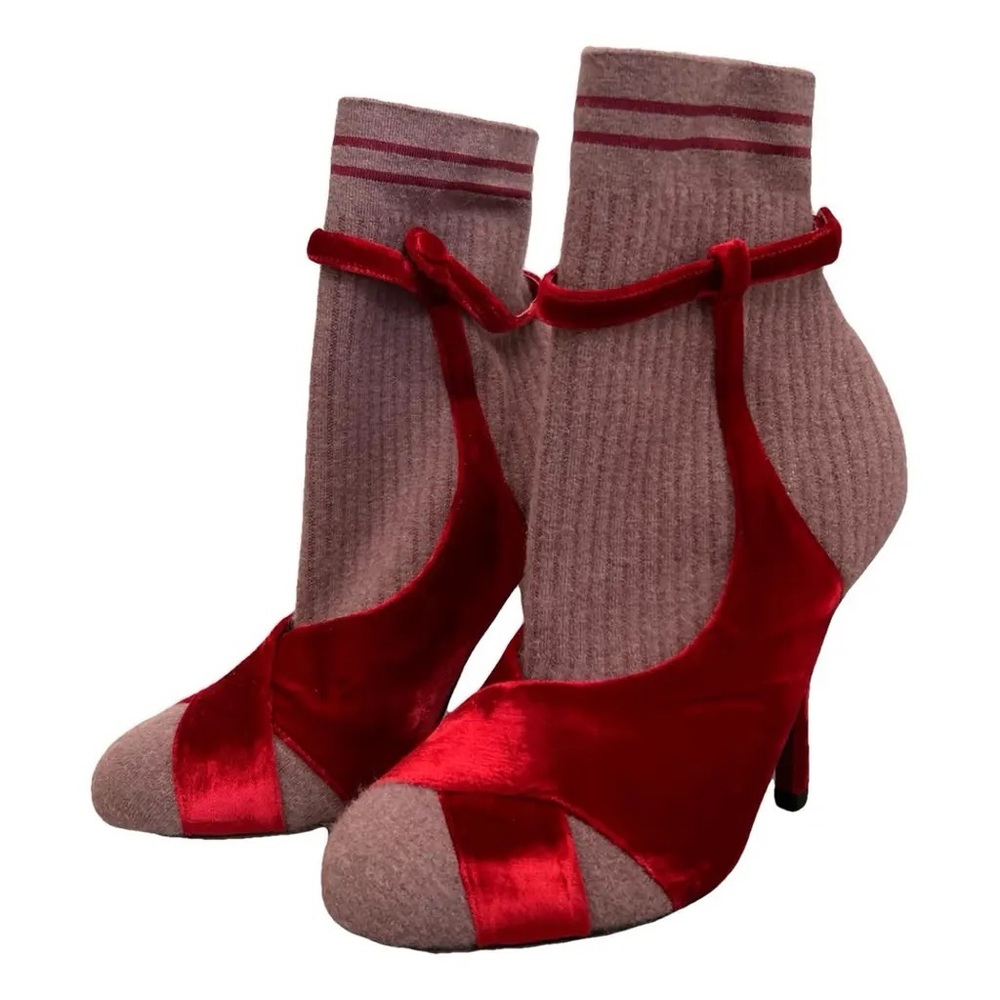 Fendi Red Velvet and Blush Pink Sock Heel Pumps